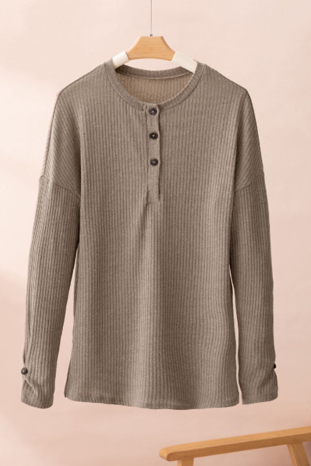 Quarter Button Round Neck Dropped Shoulder Knit Top 