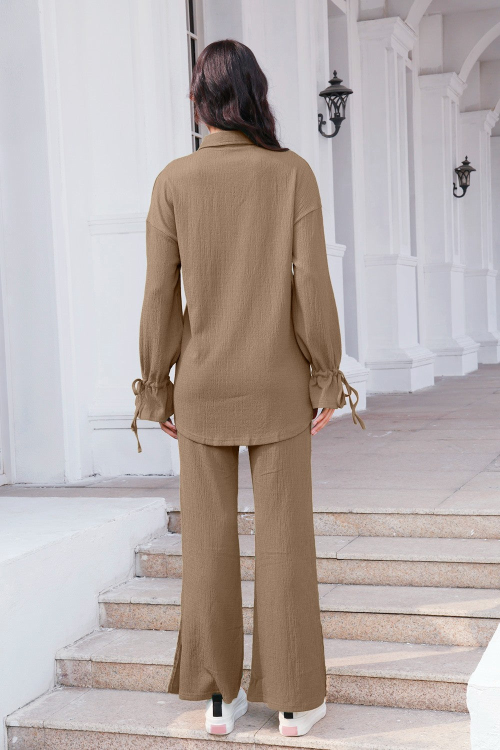 Drawstring Flounce Sleeve Shirt and Pants Set 