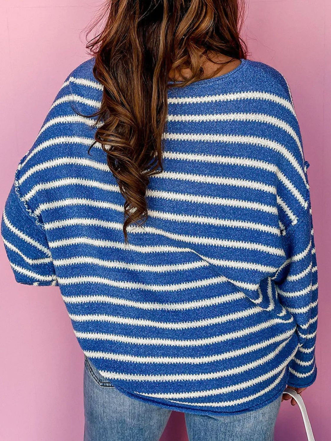 Plus Size Striped Round Neck Dropped Shoulder Sweater 