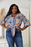 Tie Hem V-Neck Three-Quarter Sleeve Blouse 