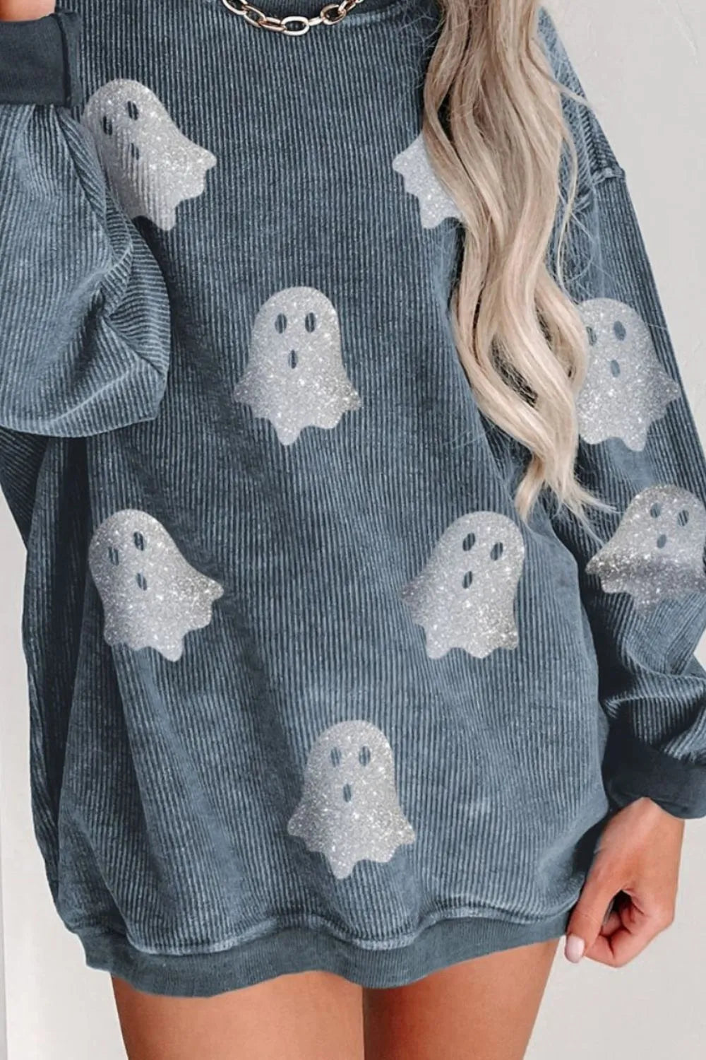 Glitter Ghost Round Neck Long Sleeve Sweatshirt 