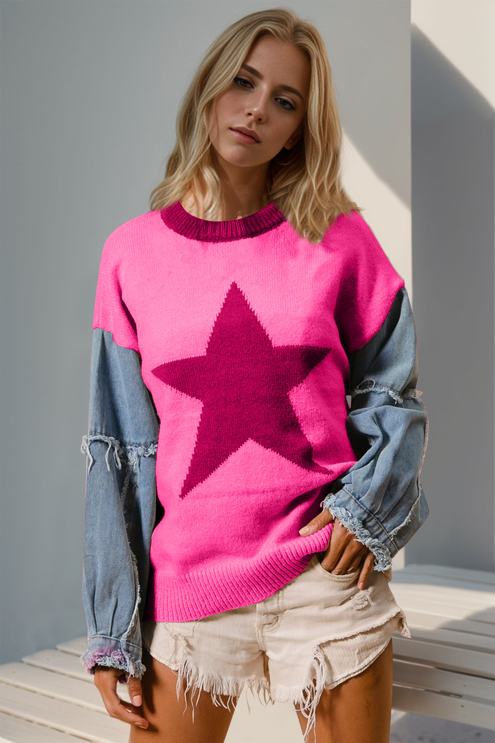 Double Take Full Size Star Pattern Raw Edge Long Sleeve Sweater 