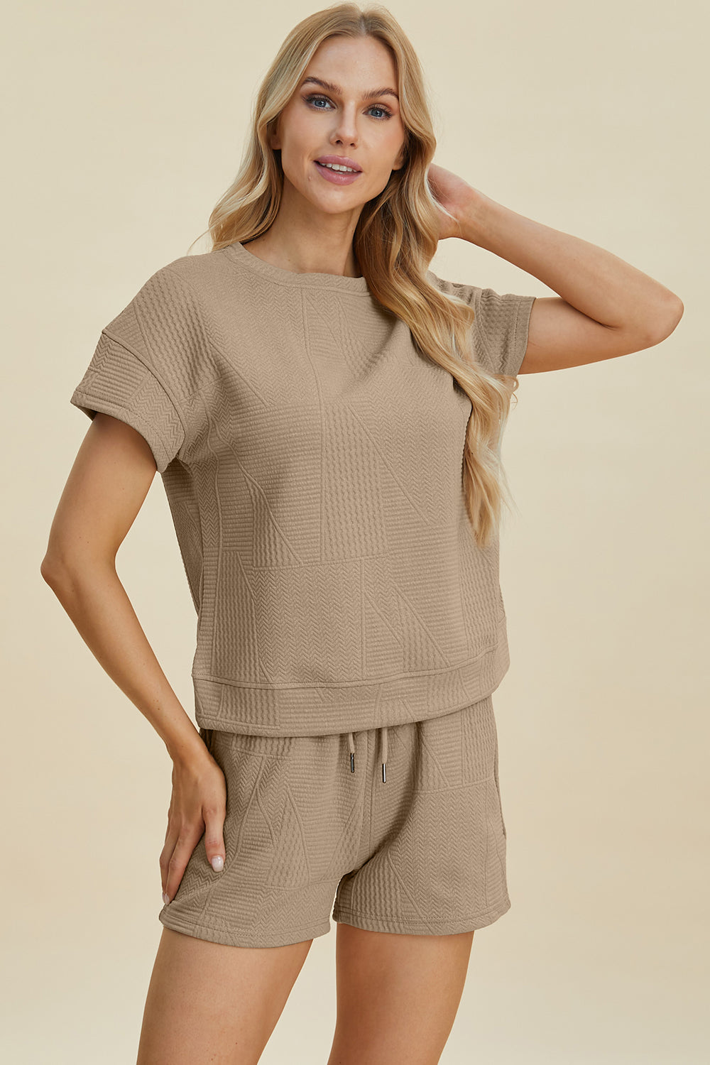 Double Take Full Size Texture Short Sleeve Top and Shorts Set 