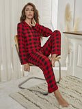 Plaid Collared Neck Long Sleeve Top and Pants Lounge Set Lingerie & Nightwear