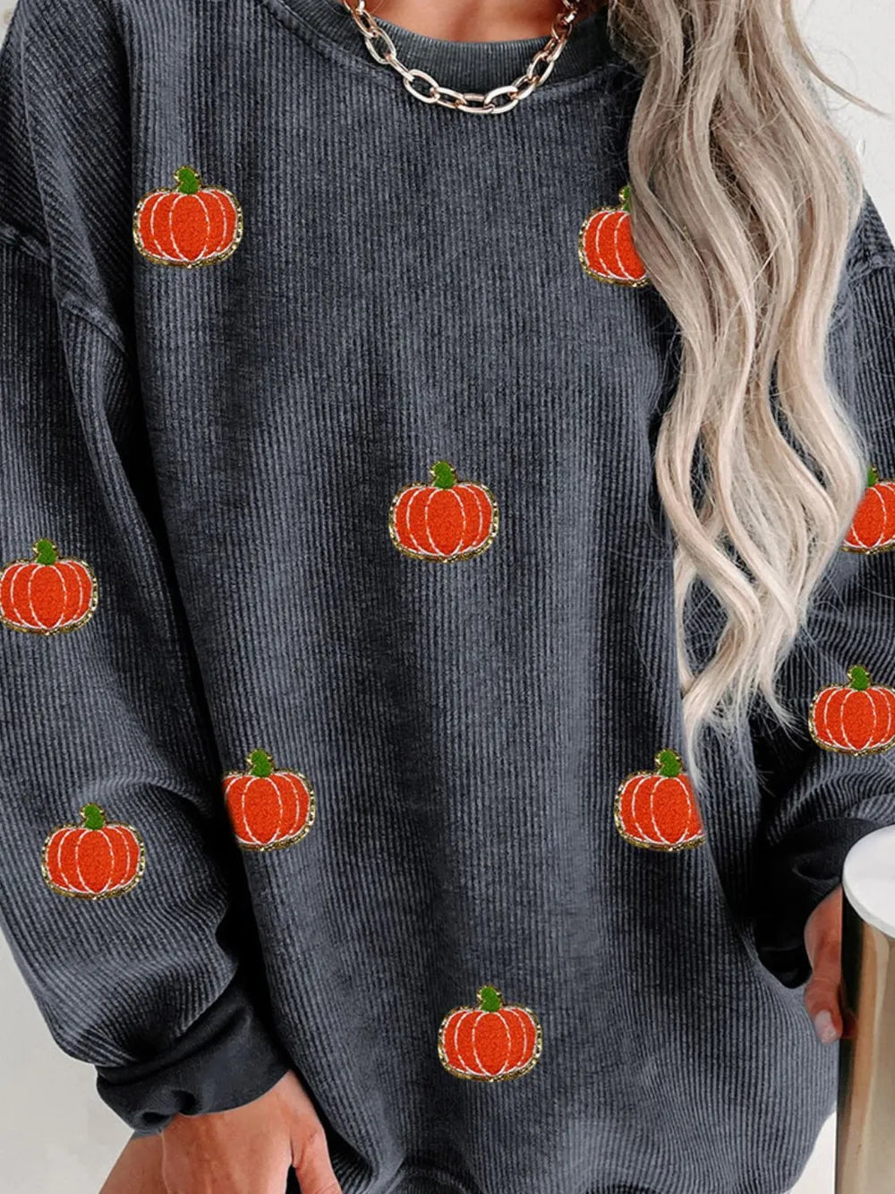 Pumpkin Round Neck Long Sleeve Sweatshirt 
