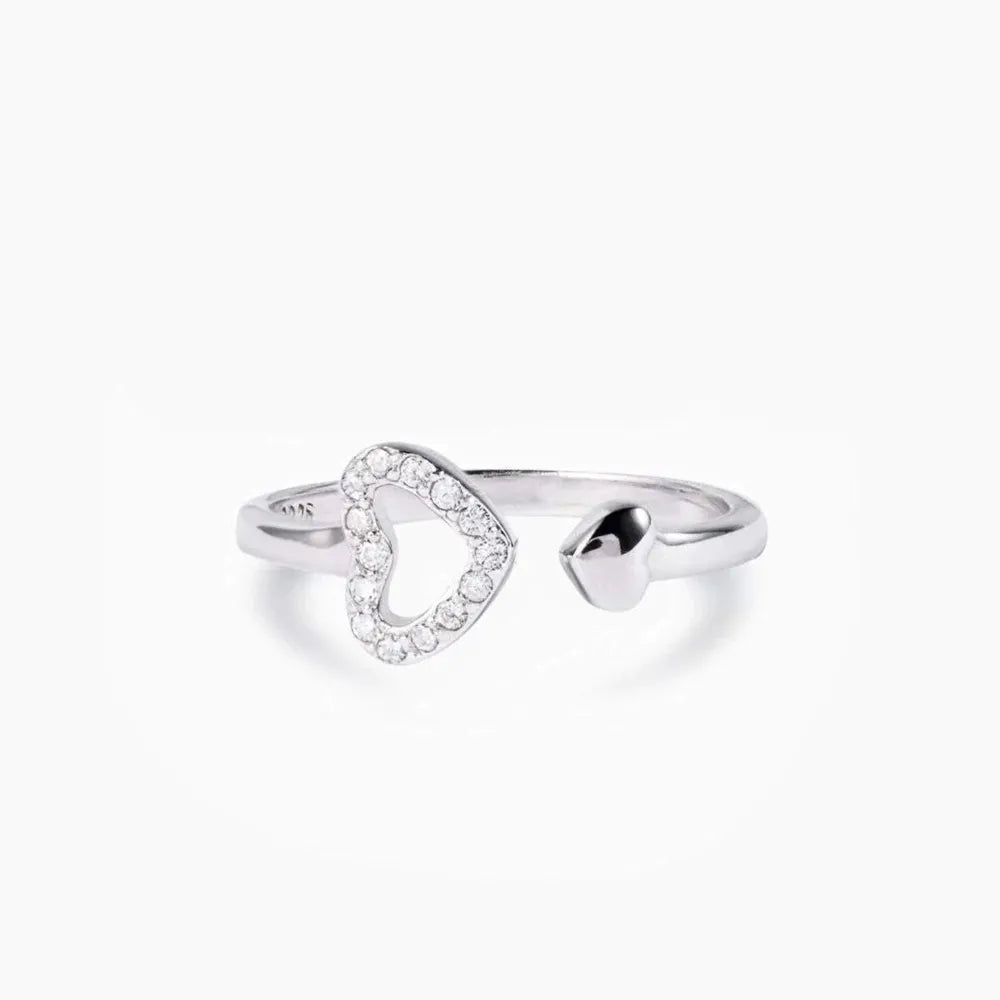 925 Sterling Silver Inlaid Zircon Heart Open Ring 