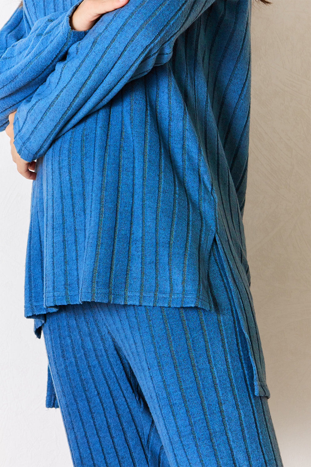 Basic Bae Full Size Ribbed Round Neck High-Low Slit Top and Pants Set 