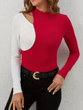 Cutout Contrast Mock Neck Long Sleeve T-Shirt 