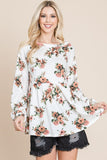 Super Lady Full Size Babydoll Floral Boat Neck Long Sleeve Blouse 