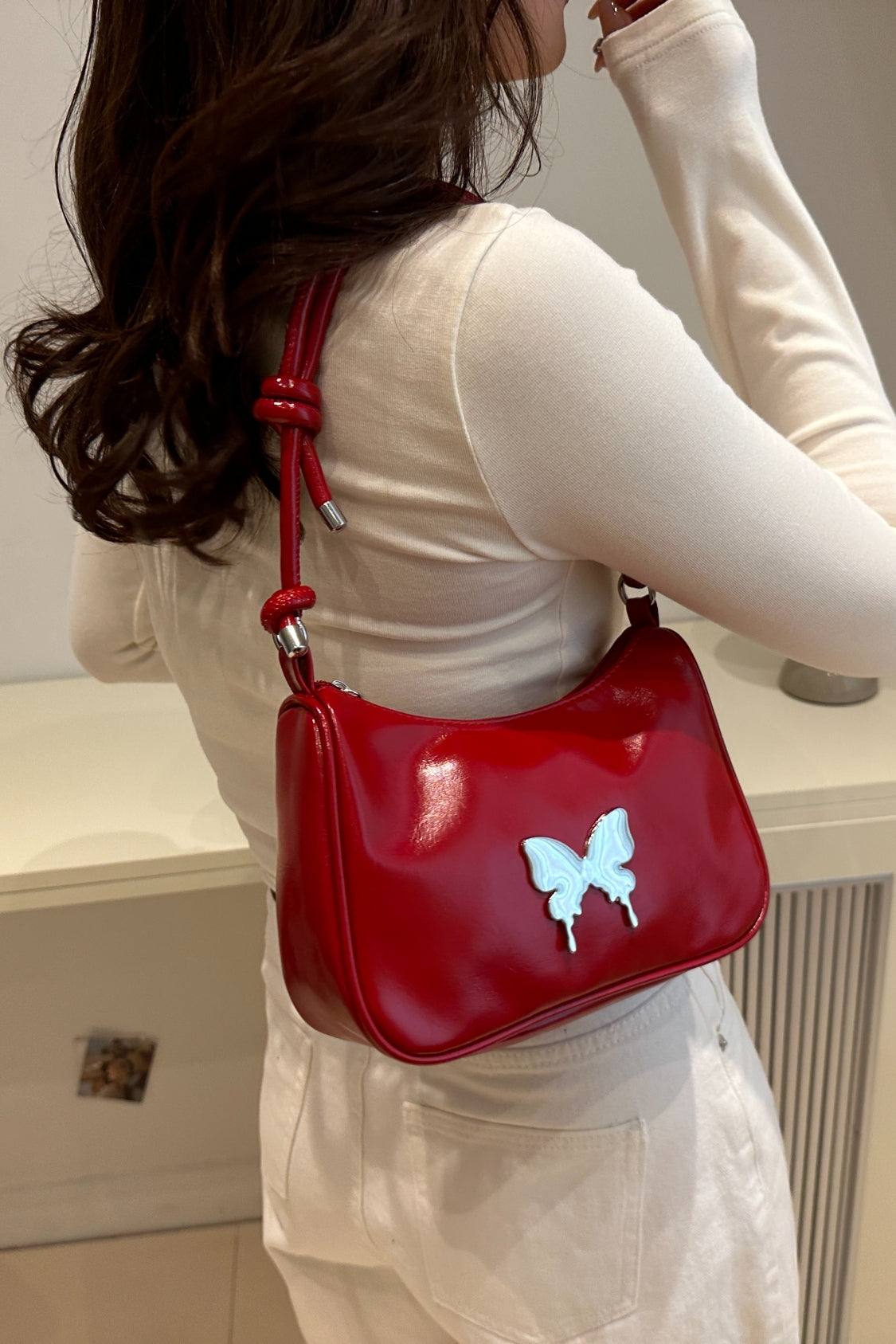 Butterfly PU Leather Knotted Strap Shoulder Bag 