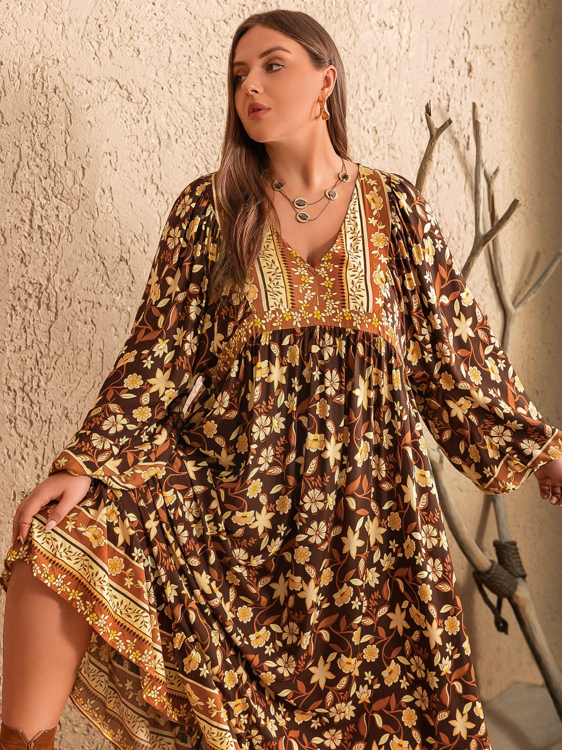 Plus Size Printed V-Neck Balloon Sleeve Dress 