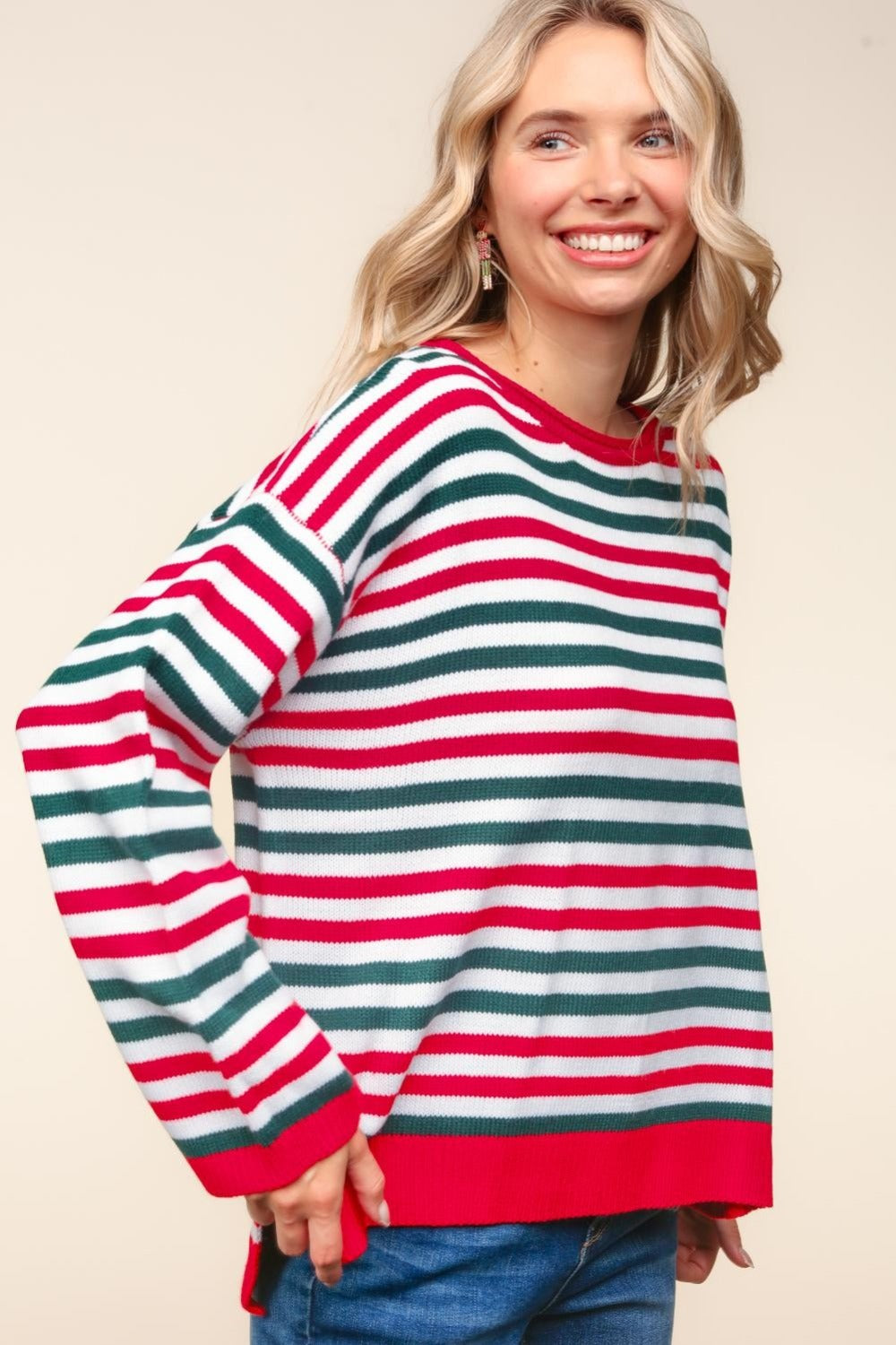 Haptics Full Size Striped Contrast Side Slit Knit Top 