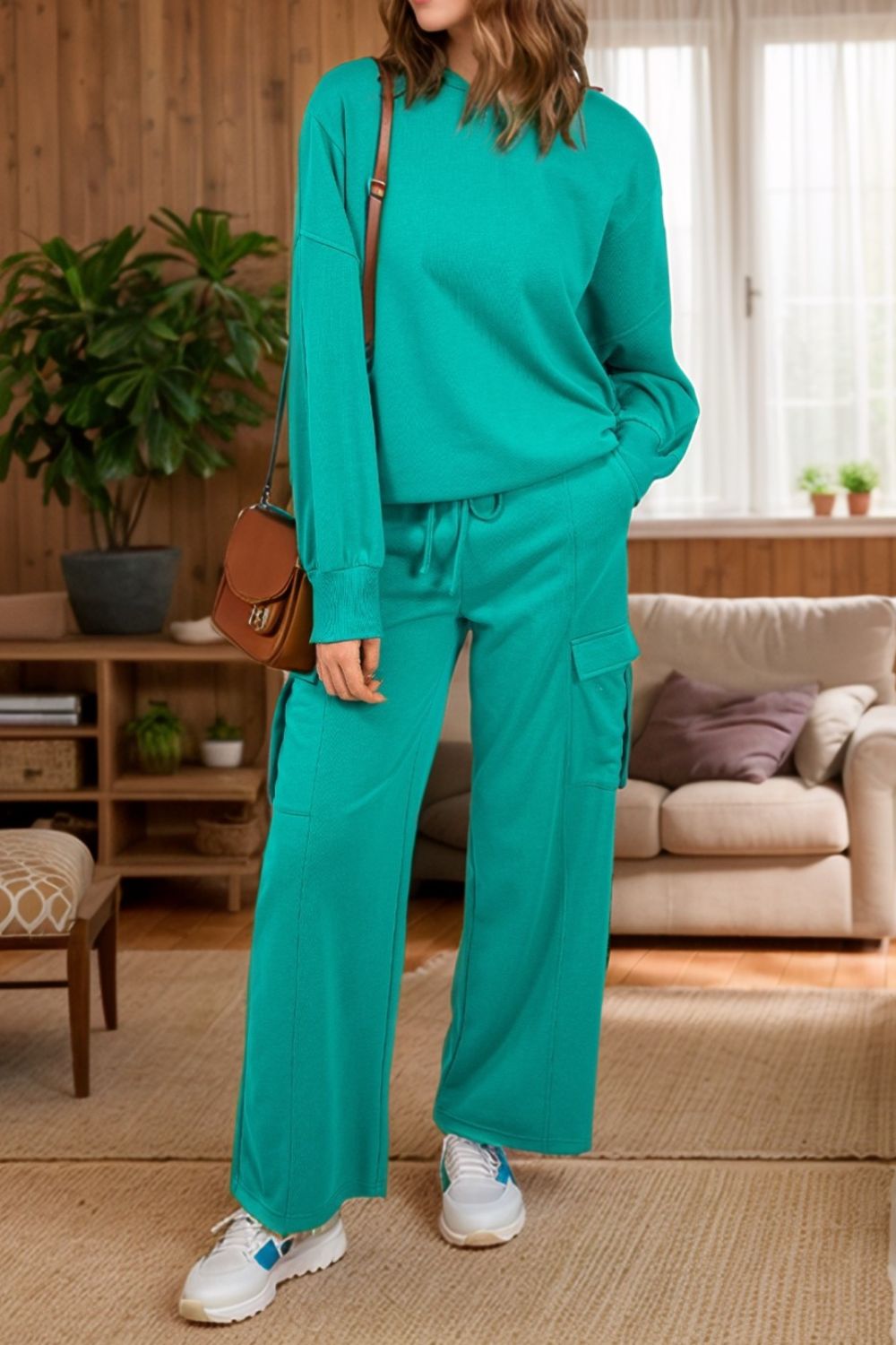 Full Size Round Neck Long Sleeve Top and Drawstring Pants Set 