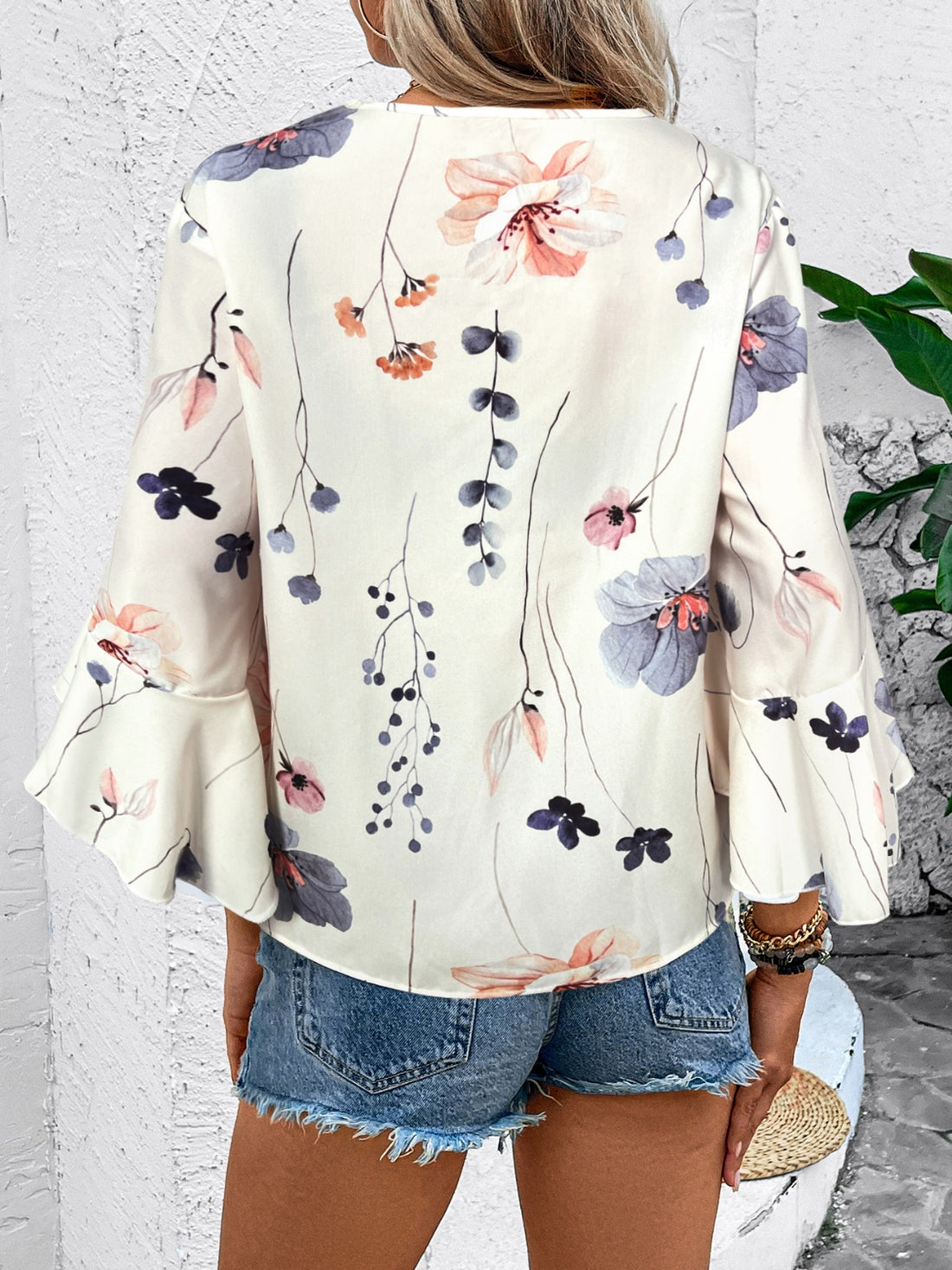 Honey Ruffled Printed V-Neck Half Sleeve Blouse 