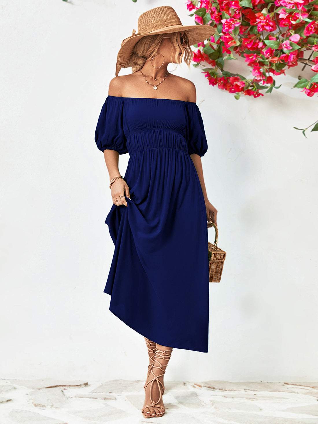 Off-Shoulder Balloon Sleeve Midi Dress 