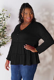 Double Take Half Button Long Sleeve Ruffle Hem Blouse 