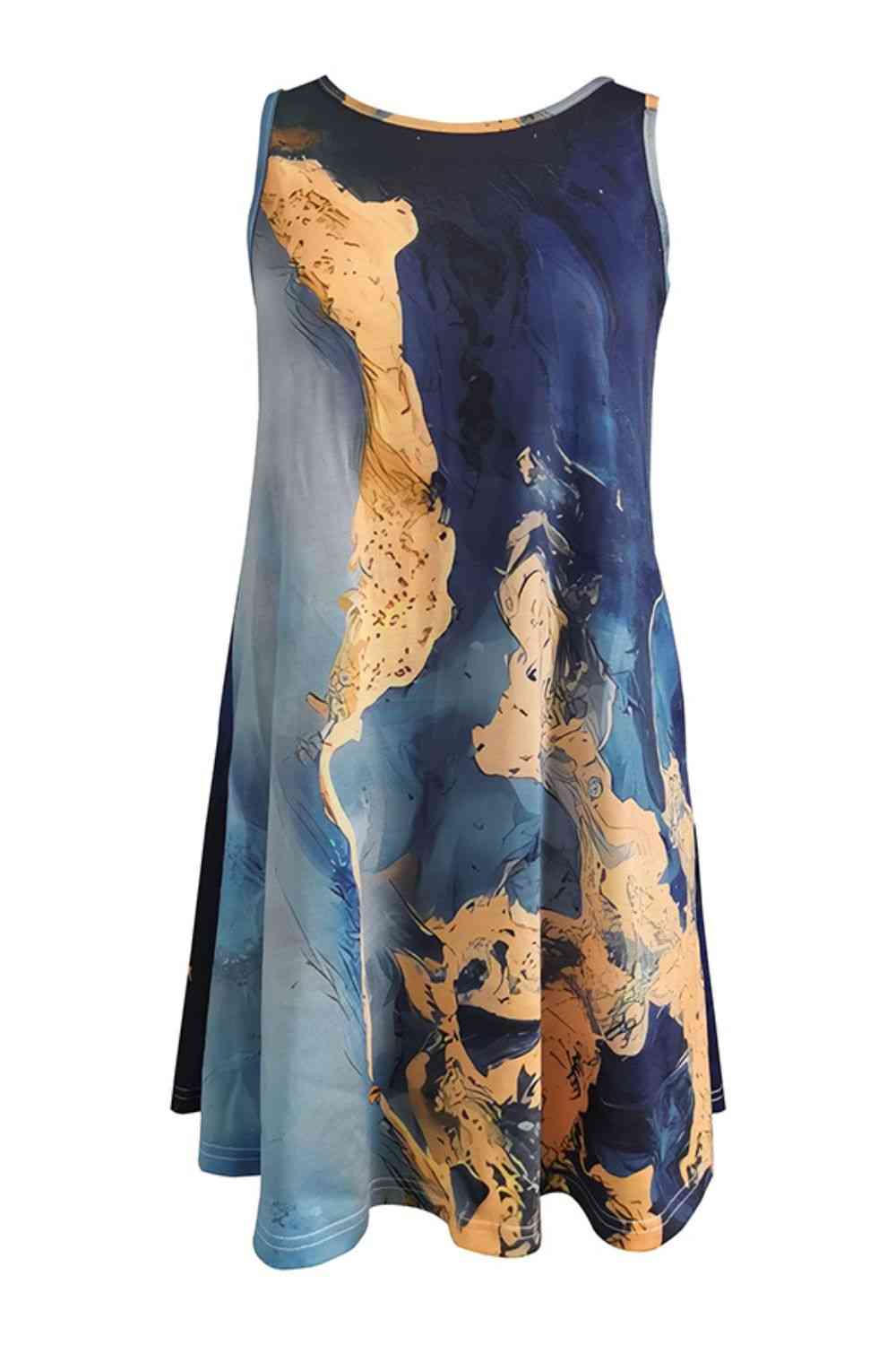 Shiny Abstract Print Round Neck Sleeveless Dress with Pockets Dresses