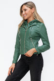 Snobbish Faux Leather Zip Up Drawstring Hooded Jacket 