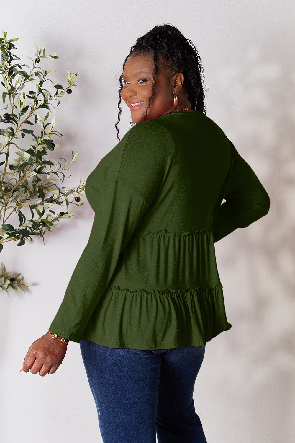 Double Take Half Button Long Sleeve Ruffle Hem Blouse 
