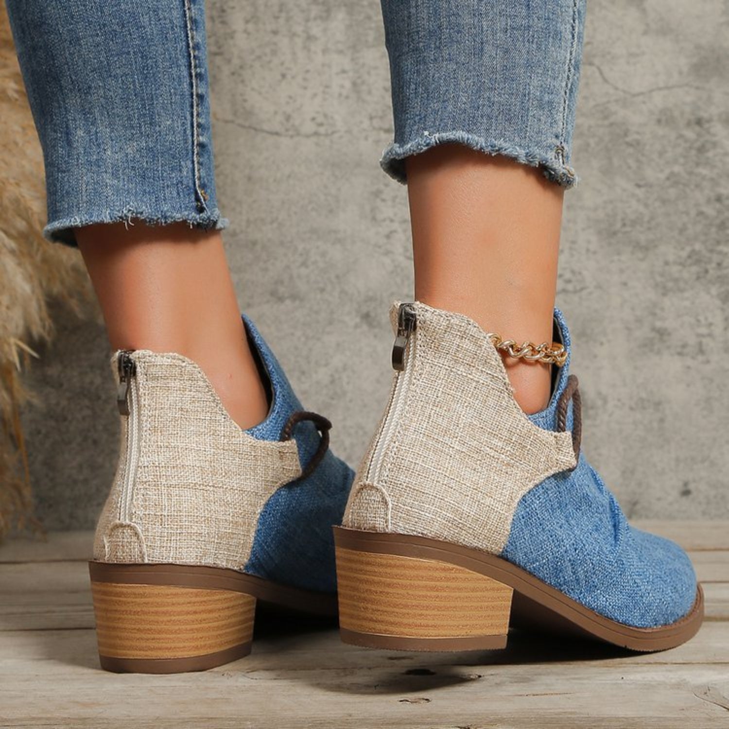 Contrast Canvas Low Heel Boots 