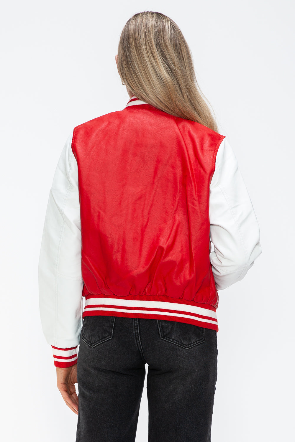 Love Me Now PU Leather Contrast Snap Down Bomber Jacket 