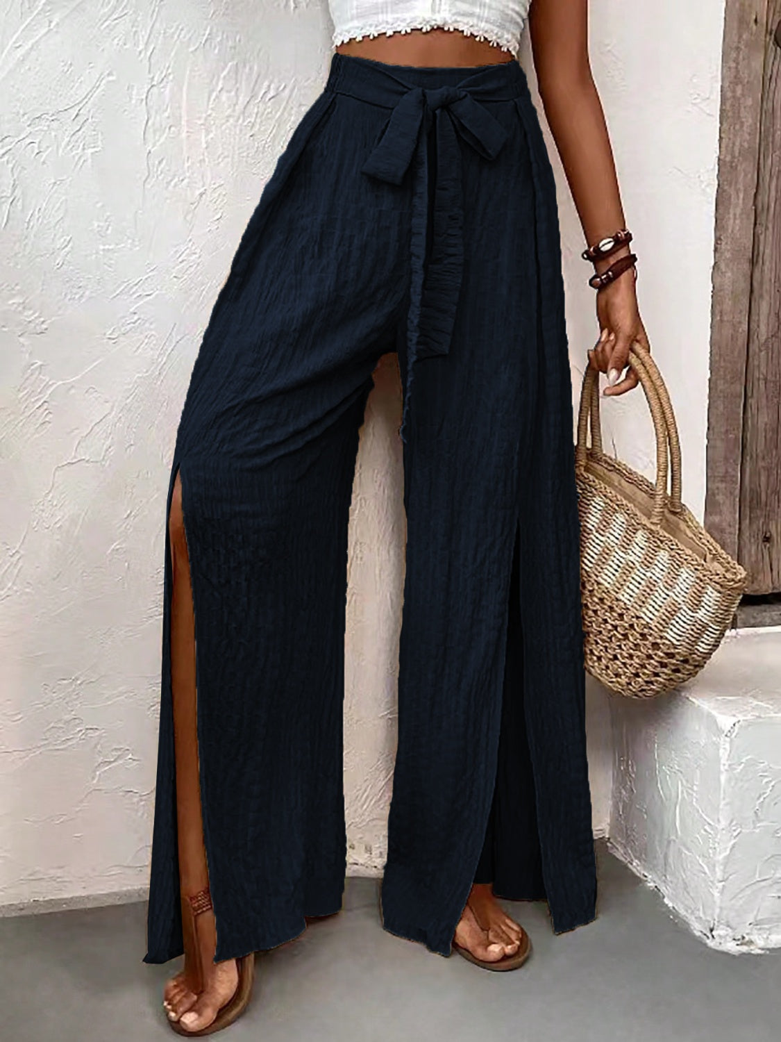 Honey Tied Slit Wide Leg Pants 