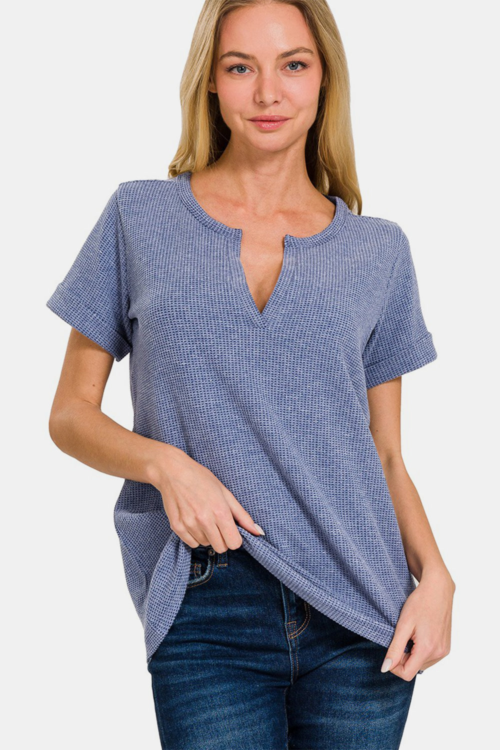 Zenana Notched Short Sleeve Waffle T-Shirt 
