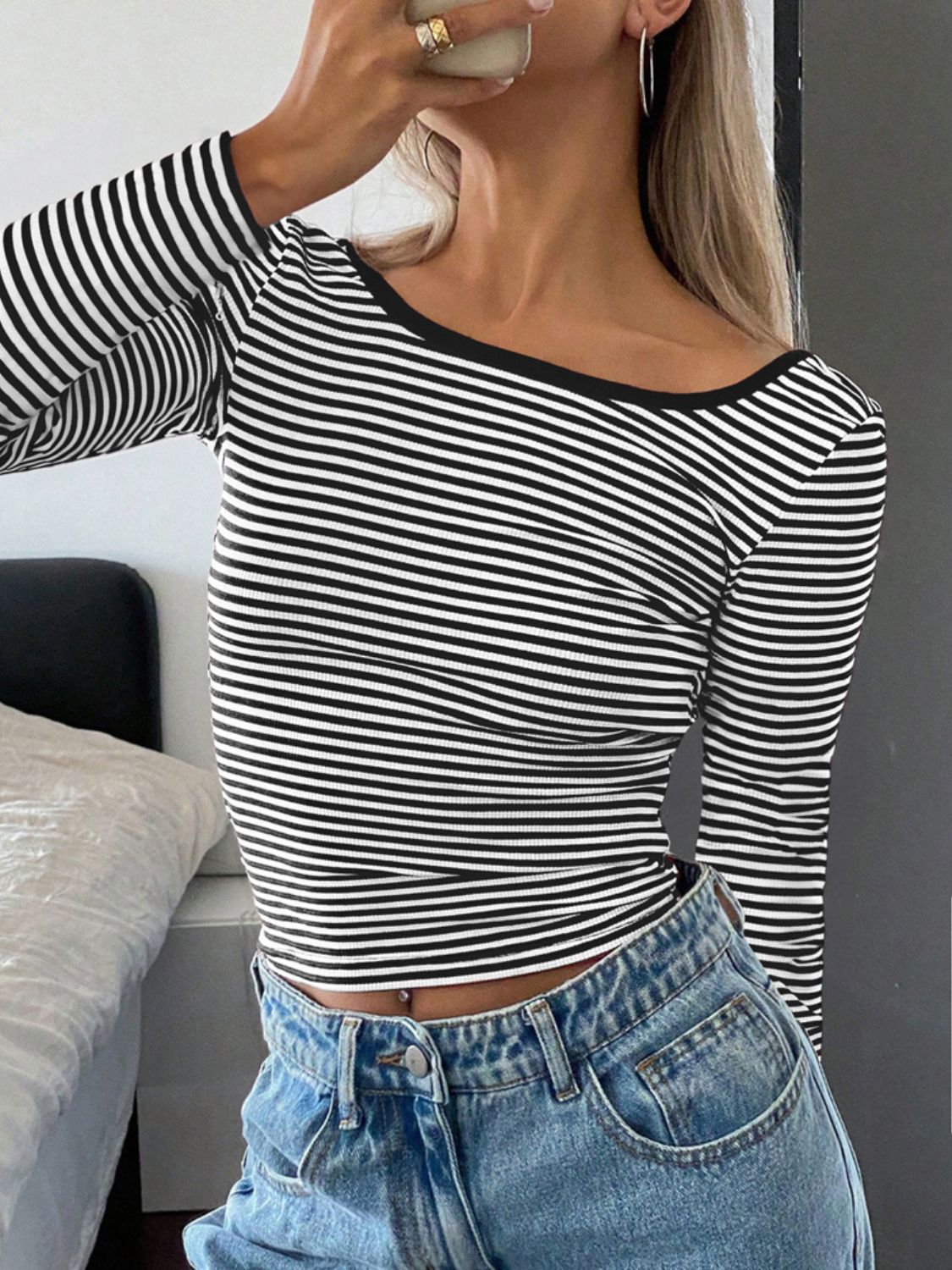 Devine Backless Striped Boat Neck Long Sleeve T-Shirt 