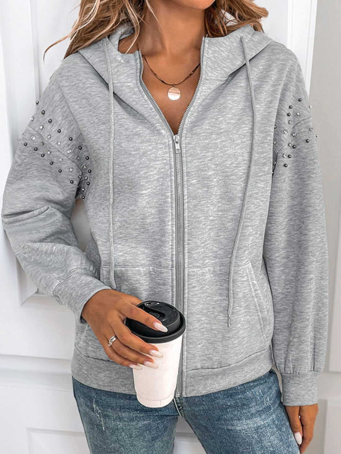 Perfee Rhinestone Zip Up Long Sleeve Hoodie 