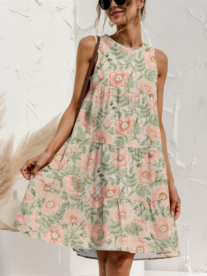 FAM-FAM Tiered Printed Round Neck Sleeveless Dress 