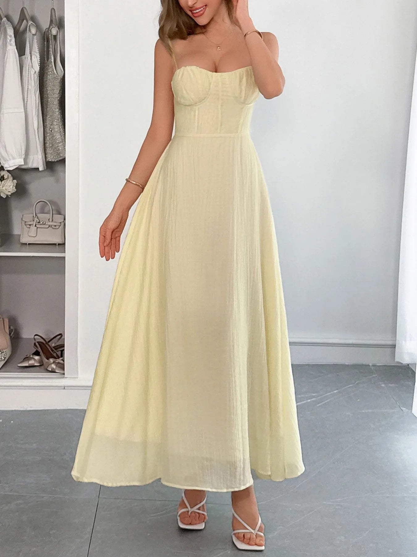 Texture Sweetheart Neck Backless Cami Dress 