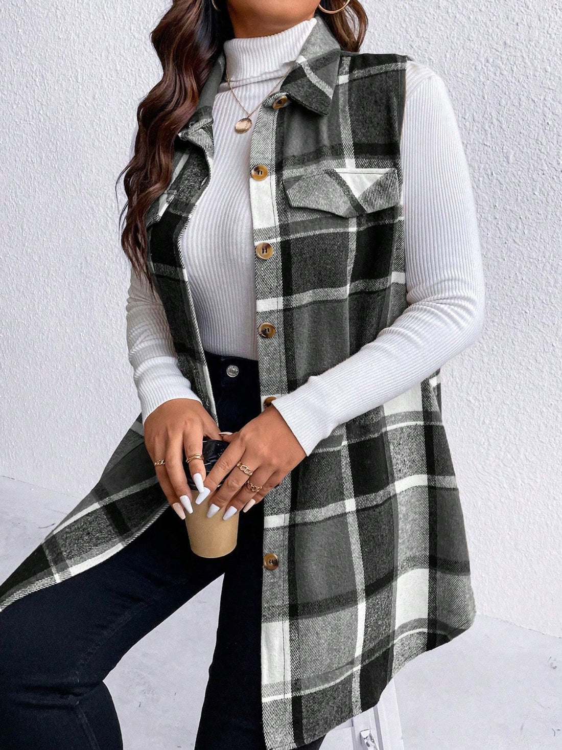 Honey Plus Size Pocketed Plaid Button Up Vest Coat 