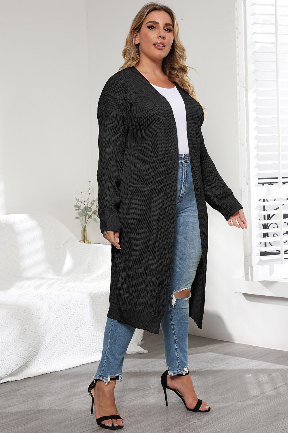 Plus Size Open Front Long Sleeve Cardigan 