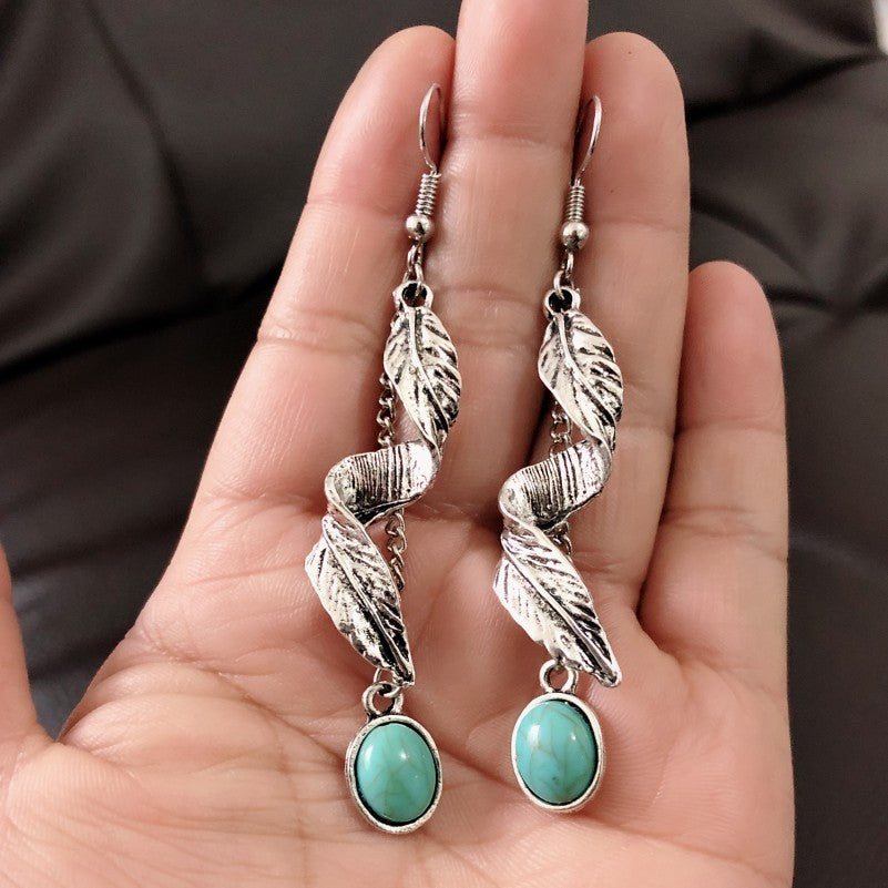 Alloy Leaf Artificial Turquoise Earrings 