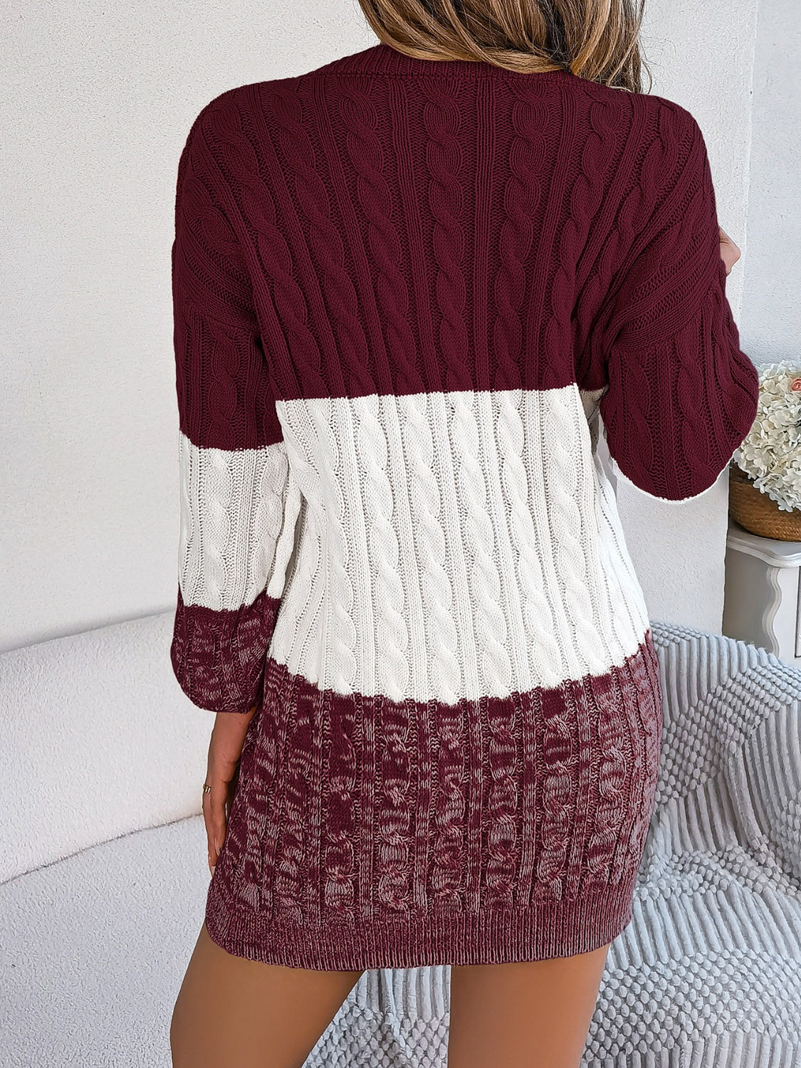 Cable-Knit Round Neck Color Block Sweater Dress 