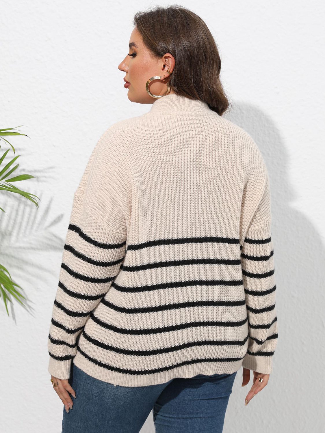 Plus Size Zip-Up Striped Sweater 