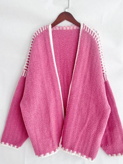 Double Take Contrast Open Front Dropped Shoulder Cardigan 