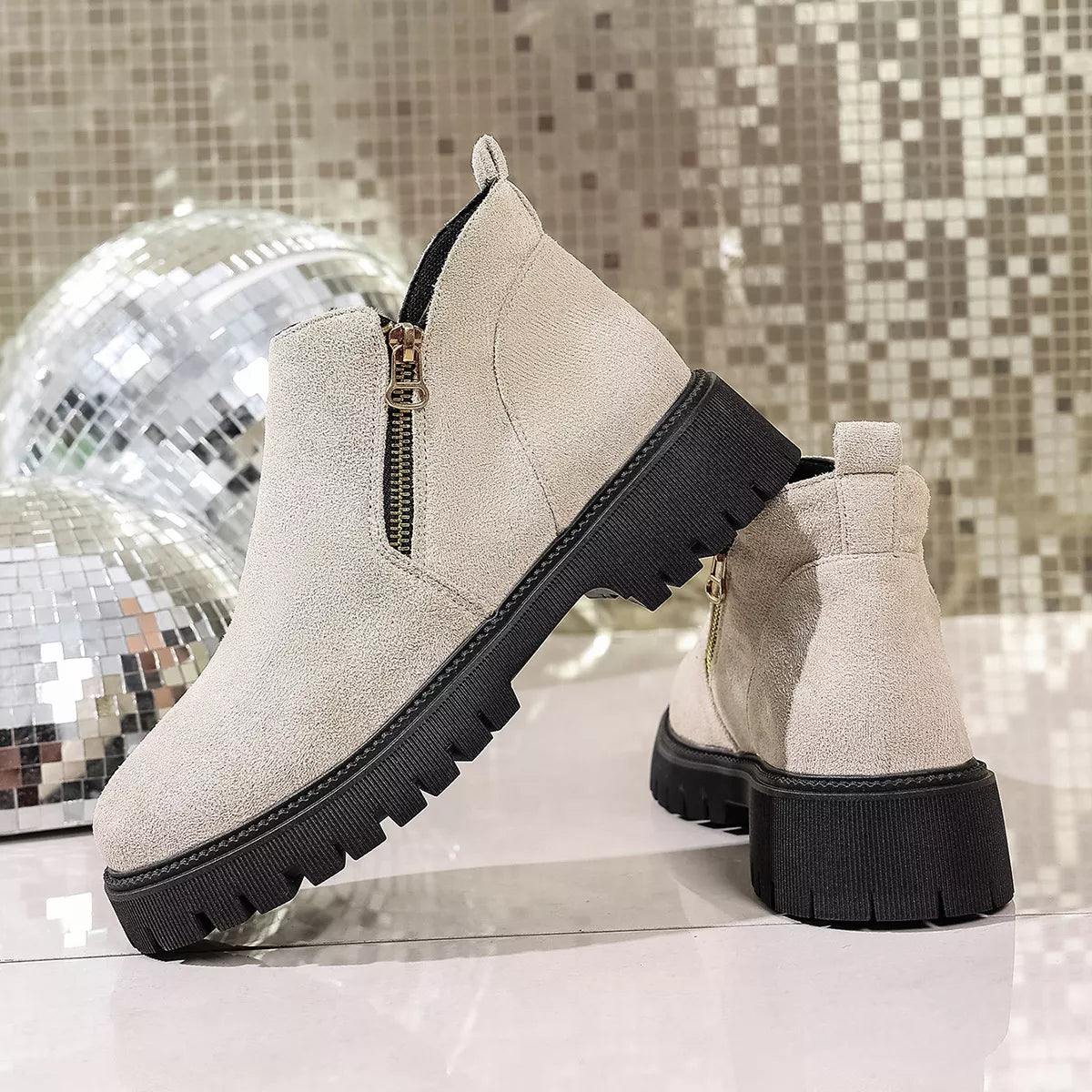 Round Toe Side Zip Ankle Boots 