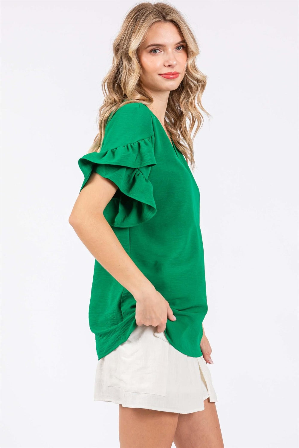GeeGee Ruffled Short Sleeve V-Neck Blouse 