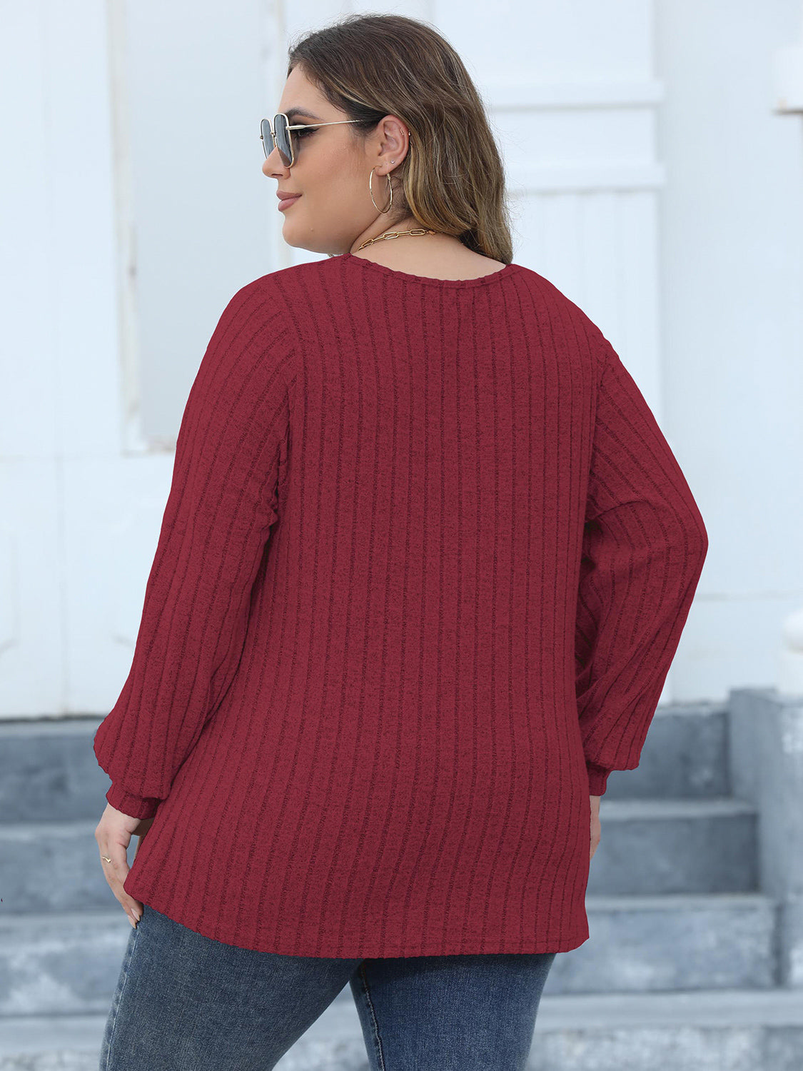 Plus Size Ribbed V-Neck Long Sleeve Top 