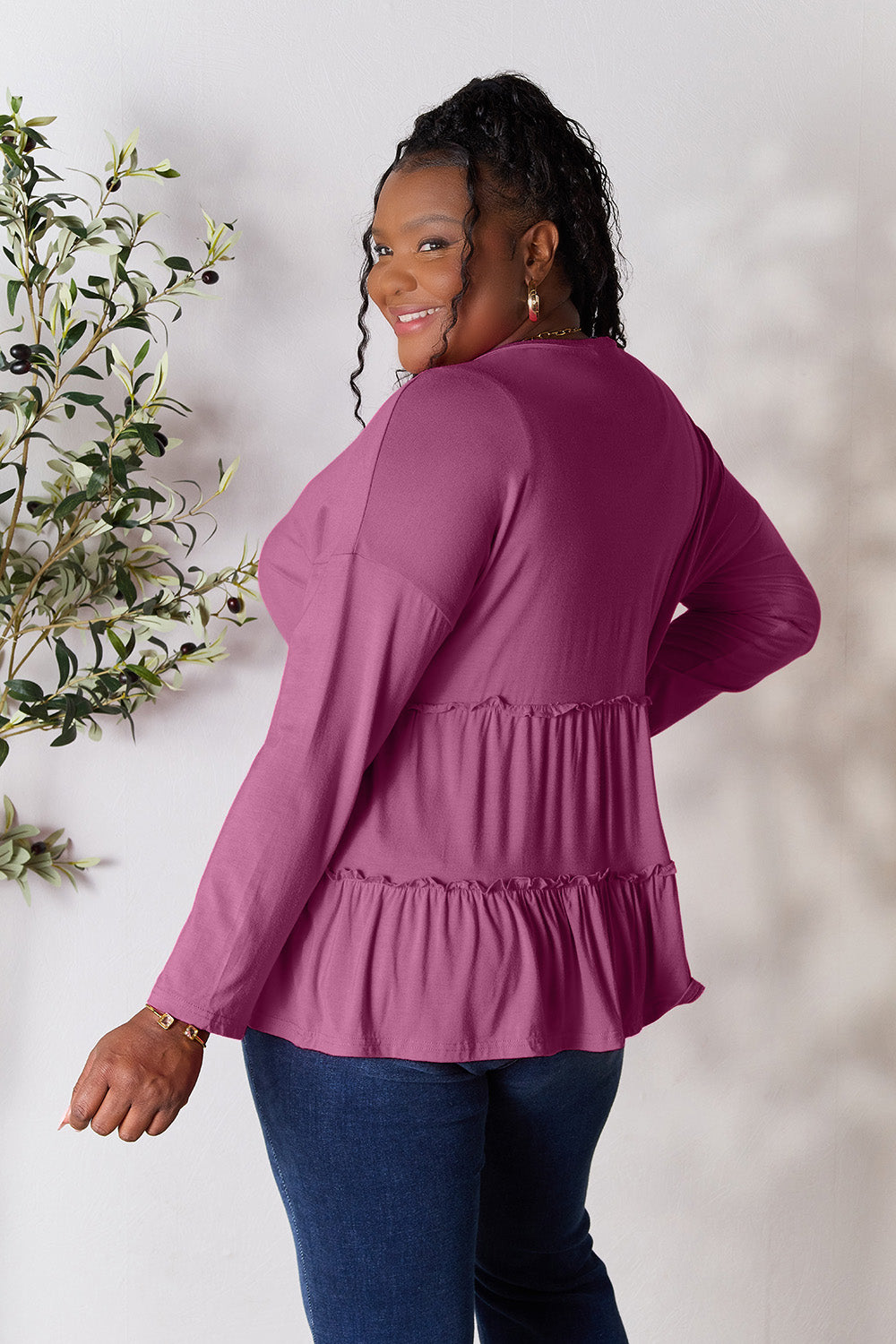Double Take Half Button Long Sleeve Ruffle Hem Blouse 