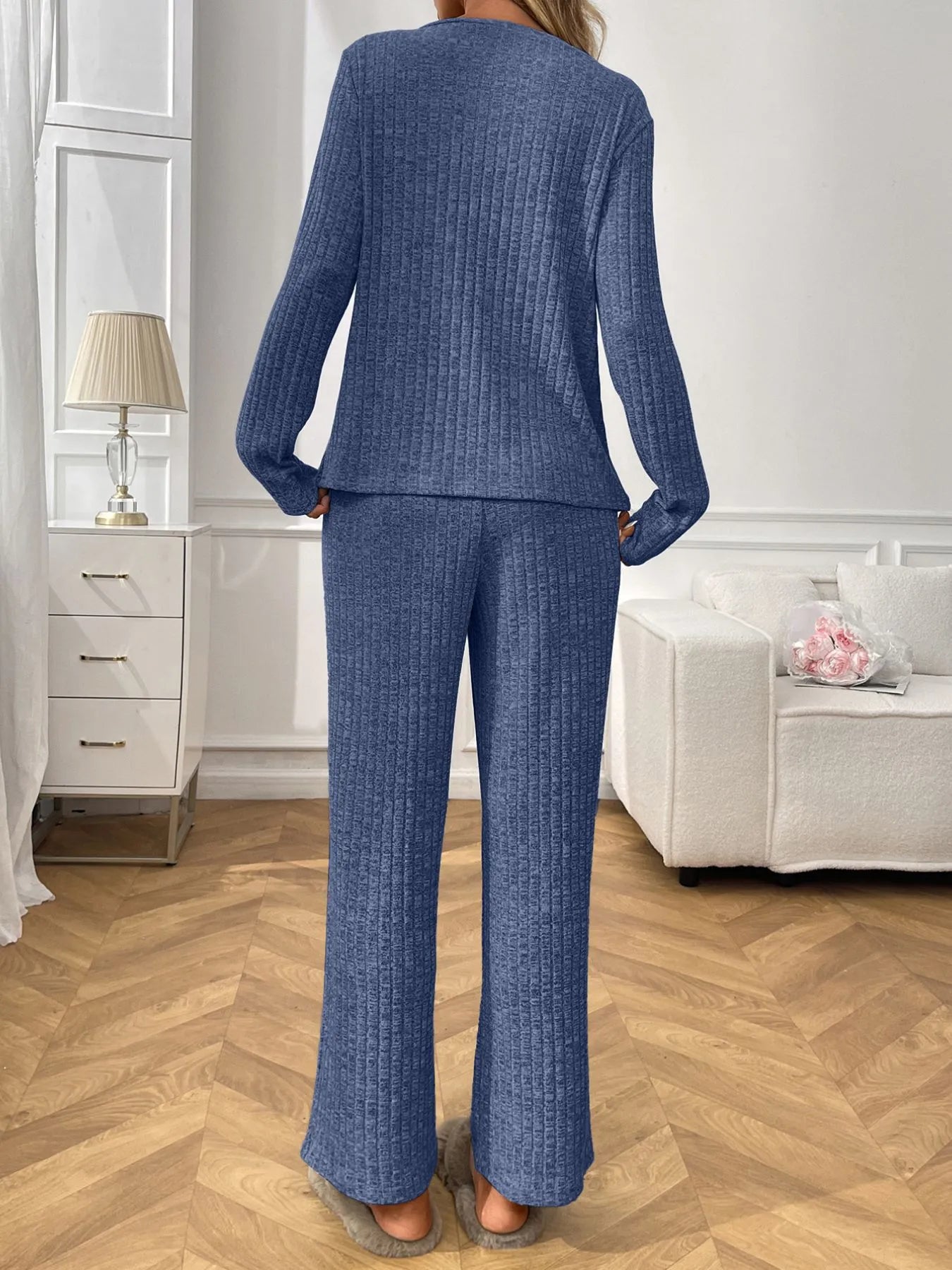 Ribbed Long Sleeve Top and Pants Lounge Set Lingerie & Nightwear