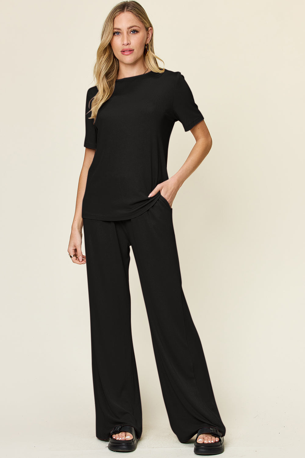 Double Take Full Size Round Neck Short Sleeve T-Shirt and Wide Leg Pants Set 