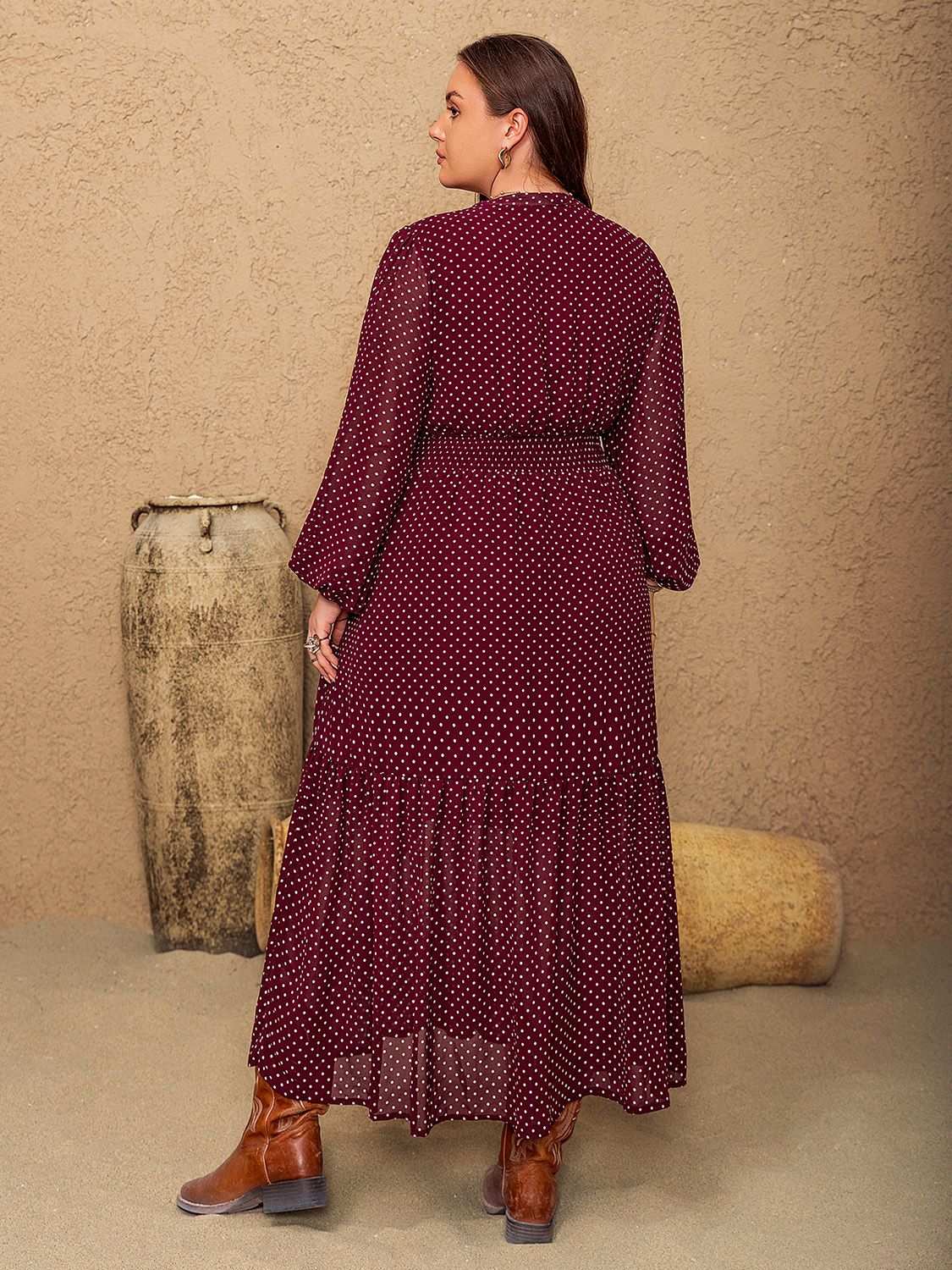 Plus Size Embroidered Polka Dot Tie Neck Long Sleeve Midi Dress 