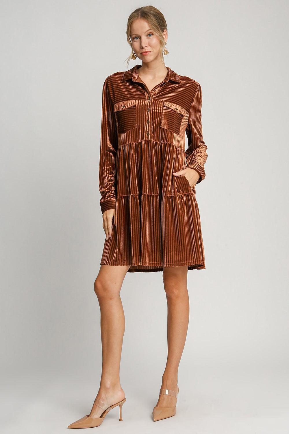 Umgee Texture Tiered Collared Long Sleeve Dress 