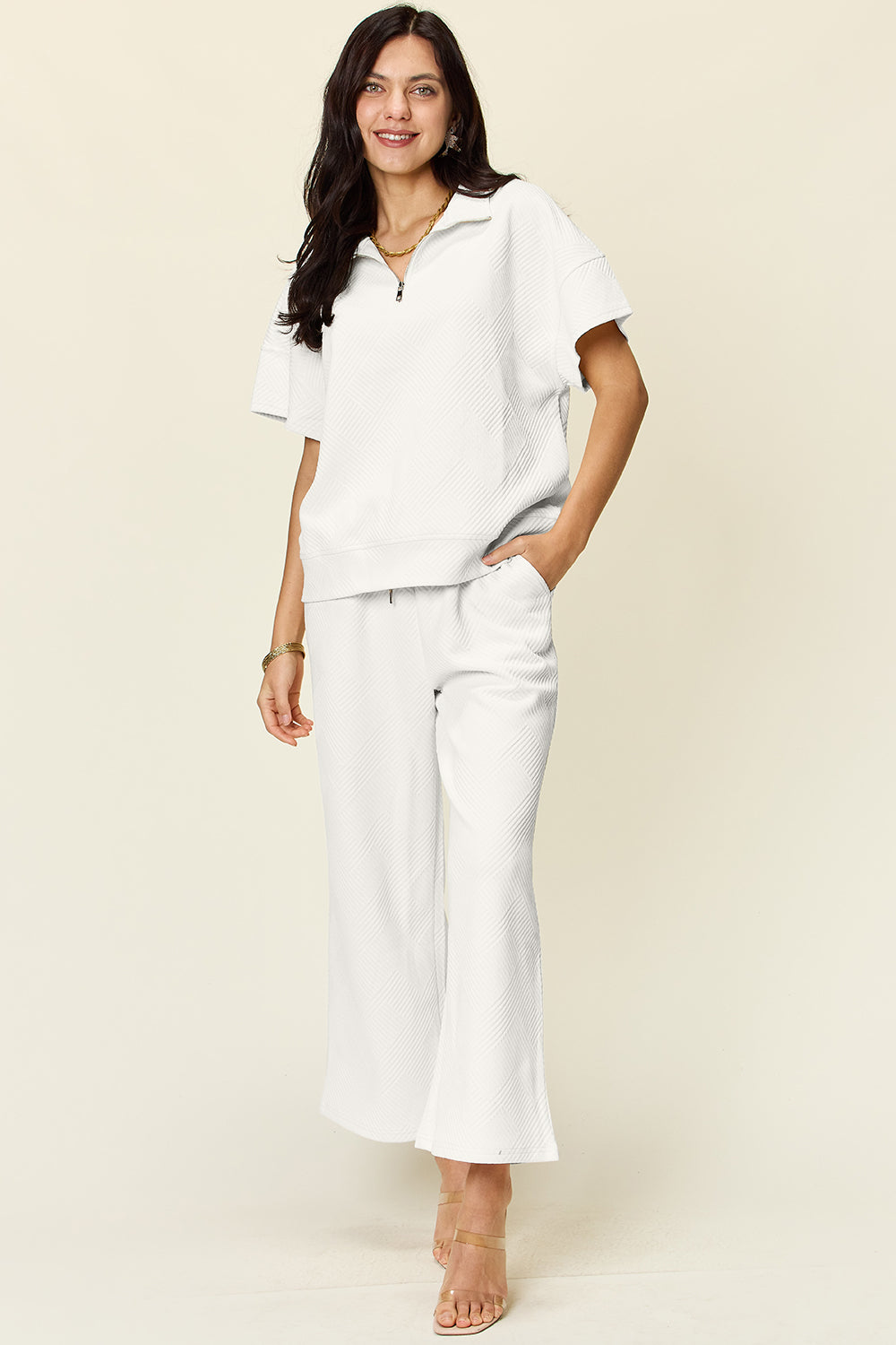 Double Take Full Size Texture Half Zip Short Sleeve Top and Pants Set 