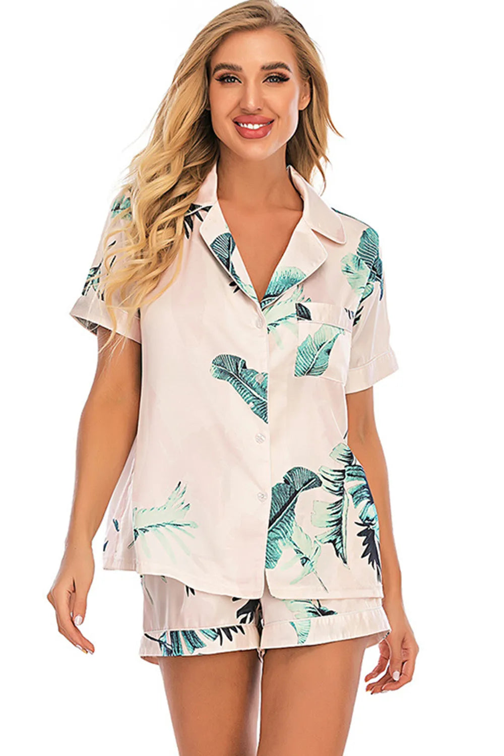 Printed Button Up Short Sleeve Top and Shorts Lounge Set Lingerie & Nightwear