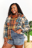 Double Take Plaid Curved Hem Shirt Jacket with Breast Pockets 