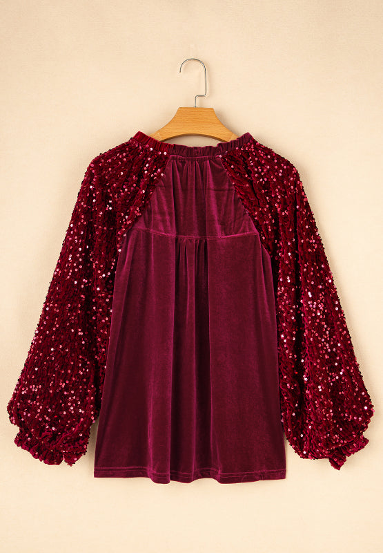 Sequin Notched Long Sleeve Blouse 