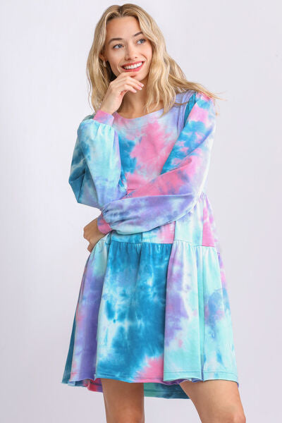 Umgee Full Size Tie Dye Round Neck Long Sleeve Babydoll Tiered Dress Plus Size Dresses